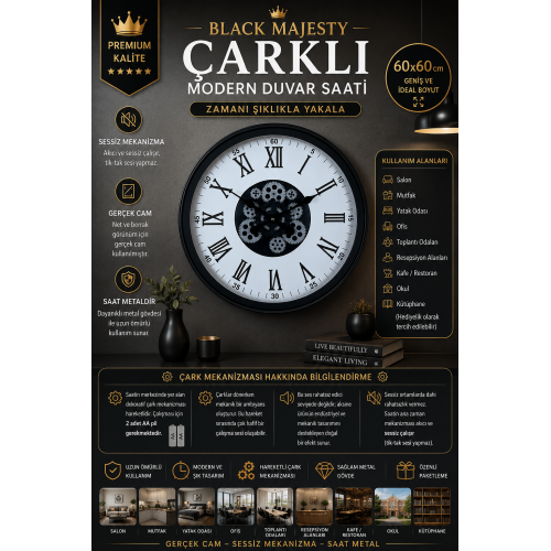 Black Majesty 60 cm Çarklı Duvar Saati