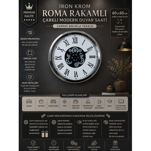 Krom Roma Rakamlı 60 cm Çarklı Duvar Saati