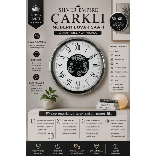 Silver Empire 60 cm Çarklı Krom Duvar Saati