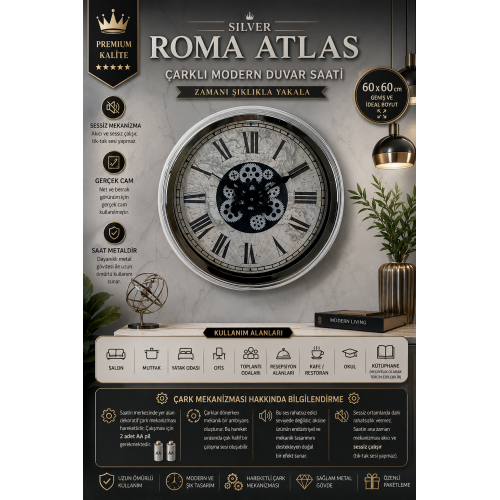 Roma Atlas Silver 60 cm Çarklı Krom Duvar Saati