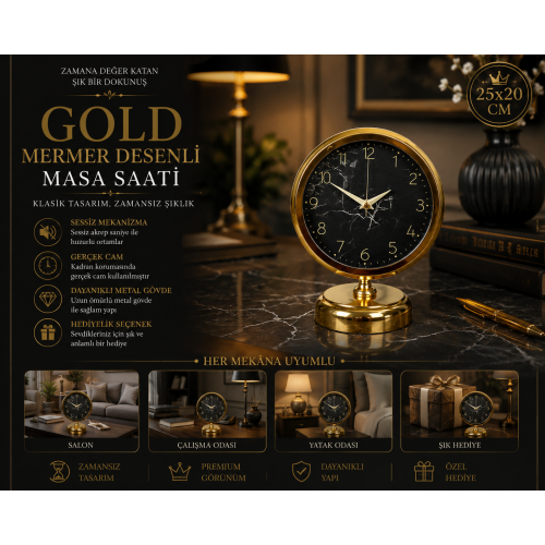 Royal 25 x 20 cm Gold Metal Masa Saati