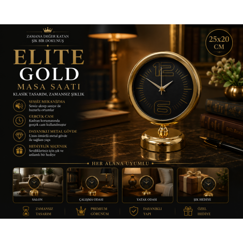 Elite Black Gold 25 x 20 cm Metal Masa Saati