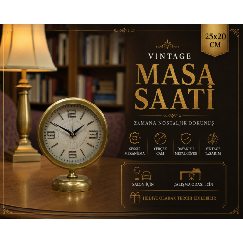 Premium Vintage 25 x 20 cm Eskitme Metal Masa Saati