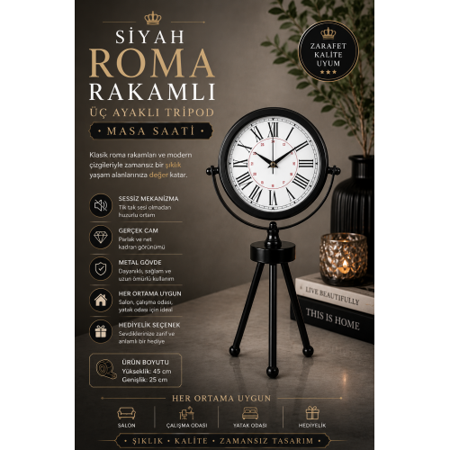 Pure Black Roma Rakamlı Üç Ayaklı Metal Masa Saati