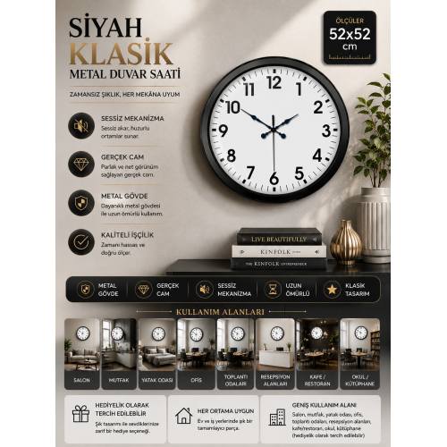 Siyah Klasik 52 cm Modern Duvar Saati