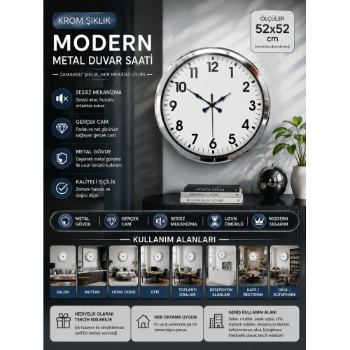 Krom Şıklık 52 cm Metal Modern Duvar Saati