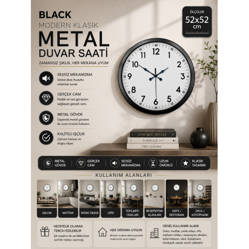 Black Classic 52 cm Metal Modern Ve Şık Duvar Saati
