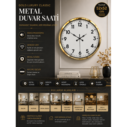 Gold & White Luxury Classic 52 cm Metal Duvar Saati