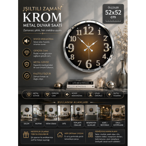 Krom Işıltılı Zaman 52 cm Metal Duvar Saati