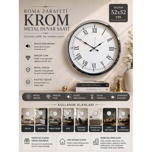 Roma Zarafeti Krom 52 cm Metal Duvar Saati