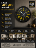 Siyah Mermer Desenli 52 cm Metal Duvar Saati