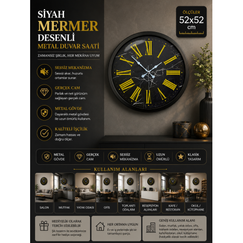 Siyah Mermer Desenli 52 cm Metal Duvar Saati