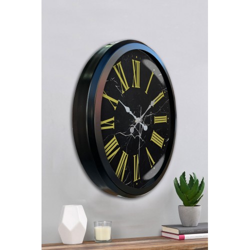 Siyah Mermer Desenli 52 cm Metal Duvar Saati
