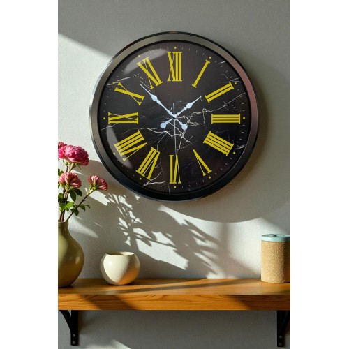 Siyah Mermer Desenli 52 cm Metal Duvar Saati
