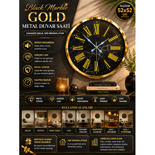 Black Marble Gold 52 cm Metal Duvar Saati