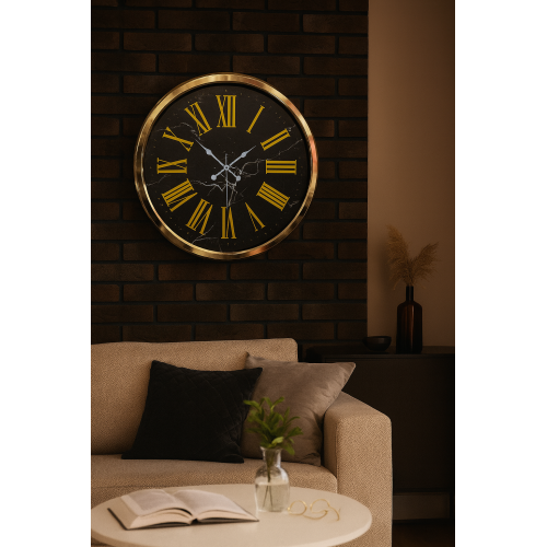 Black Marble Gold 52 cm Metal Duvar Saati
