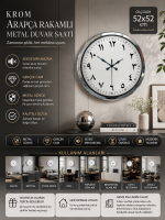 Arapça Rakamlı Krom 52 cm Metal Duvar Saati