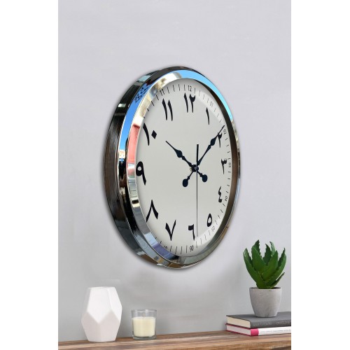 Arapça Rakamlı Krom 52 cm Metal Duvar Saati