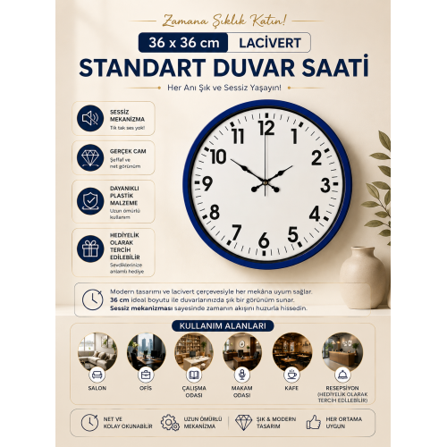 36 cm Lacivert Standart Duvar Saati