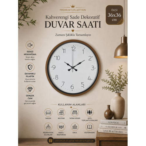 36 cm Kahverengi Sade Dekoratif Duvar Saati