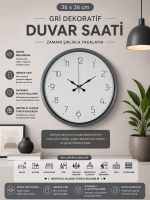 36 cm Gri Dekoratif Duvar Saati – Dekoratif Rakamlı Beyaz Kadran