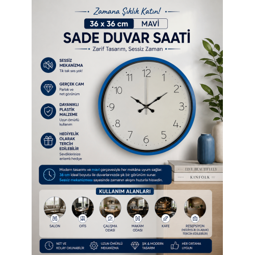36 cm Mavi Sade Dekoratif Duvar Saati