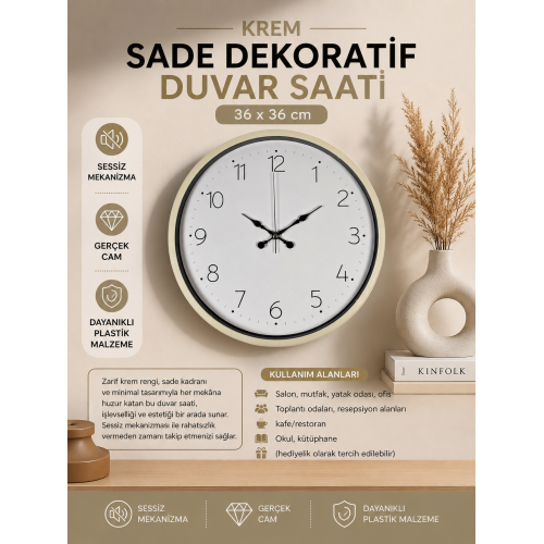 36 cm Krem Sade Dekoratif Duvar Saati