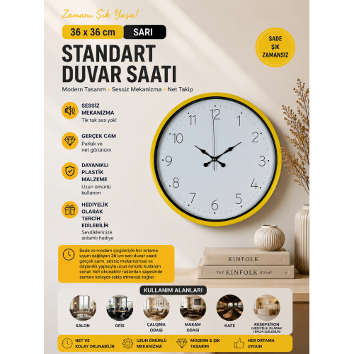 36 cm Standart Sarı Duvar Saati (PP-3604Y)