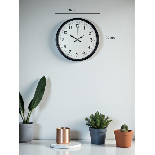 36 cm Siyah Dekoratif Duvar Saati – Rakamlı Beyaz Kadran (PP-3605B)
