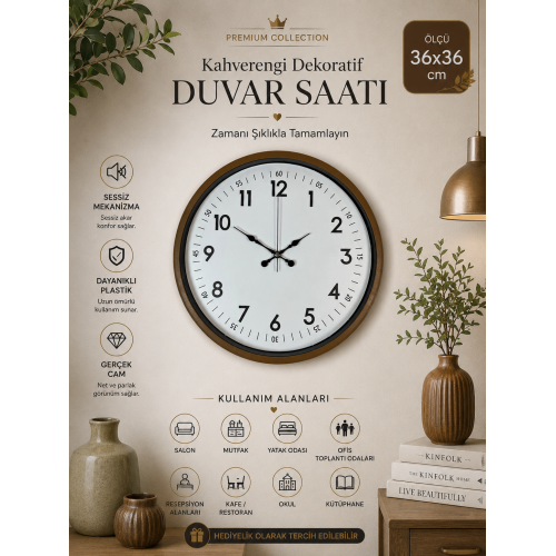 36 cm Kahverengi Dekoratif Duvar Saati (PP-3605I)