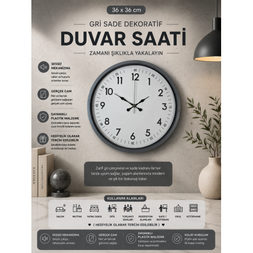 36 cm Gri Dekoratif Duvar Saati – Sade Rakamlı Beyaz Kadran
