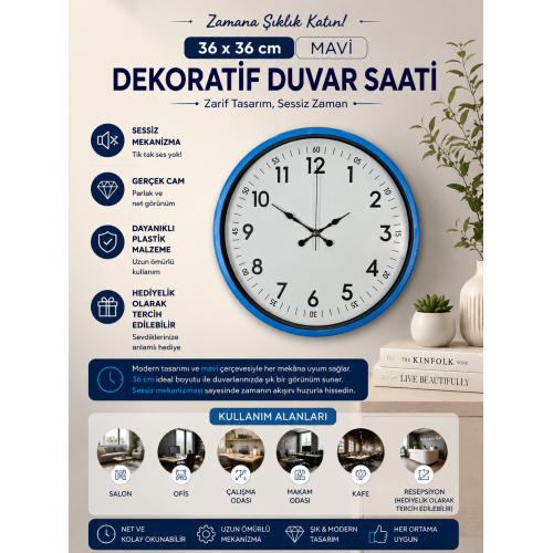 36 cm Mavi Dekoratif Duvar Saati – Rakamlı Beyaz Kadran