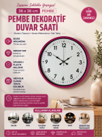 36 cm Pembe Dekoratif Duvar Saati – Rakamlı Beyaz Kadran (PP-3605P)