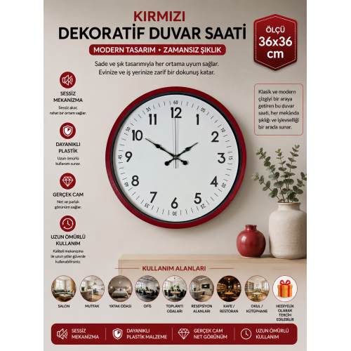 36 cm Kırmızı Dekoratif Duvar Saati