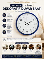 36 cm Lacivert Dekoratif Duvar Saati – Rakamlı Beyaz Kadran (PP-3605V)