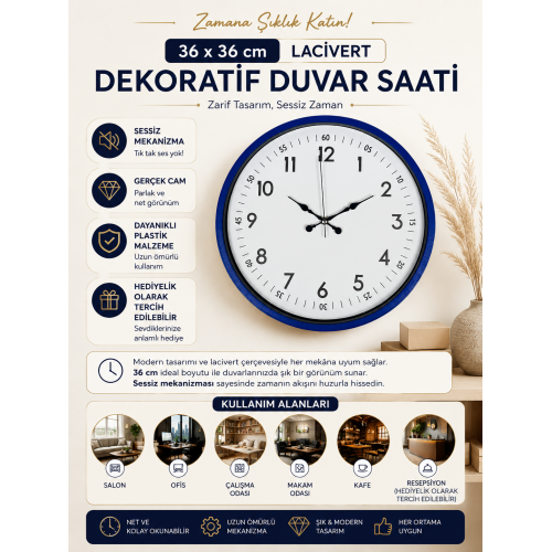 36 cm Lacivert Dekoratif Duvar Saati – Rakamlı Beyaz Kadran (PP-3605V)