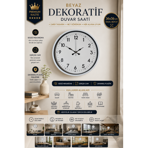 36 cm Beyaz Dekoratif Duvar Saati (PP-3605W)