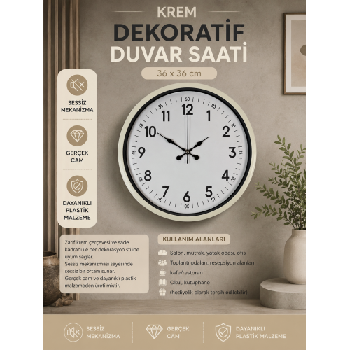 36 cm Krem Dekoratif Duvar Saati
