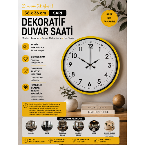 36 cm Sarı Dekoratif Duvar Saati – Rakamlı Beyaz Kadran (PP-3605Y)