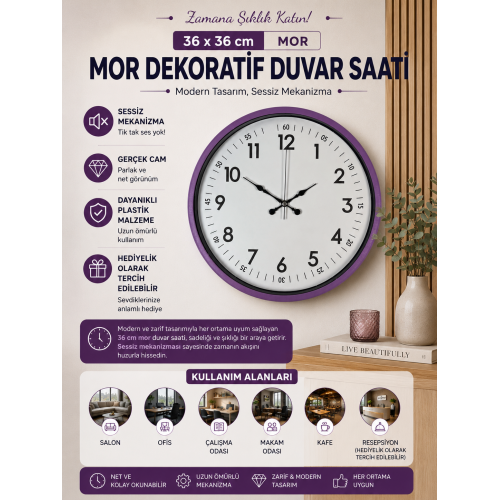36 cm Mor Dekoratif Duvar Saati (PP-3605Z)