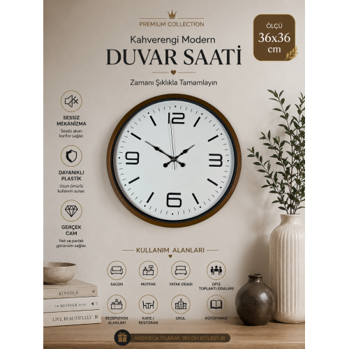 36 cm Kahverengi Modern Dekoratif Duvar Saati