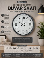 36 cm Gri Dekoratif Duvar Saati (PP-3608K)