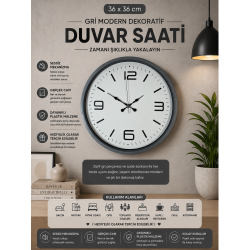 36 cm Gri Dekoratif Duvar Saati (PP-3608K)