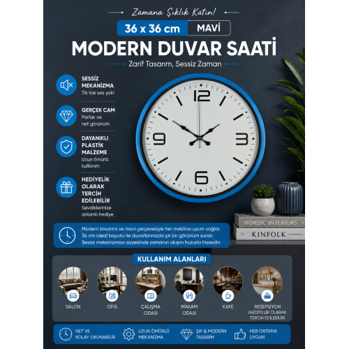36 cm Mavi Dekoratif Duvar Saati – Modern Rakamlı Beyaz Kadran