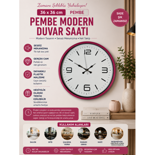 36 cm Pembe Modern Duvar Saati