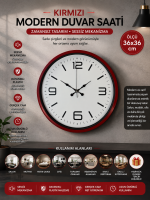 36 cm Kırmızı Modern Dekoratif Duvar Saati
