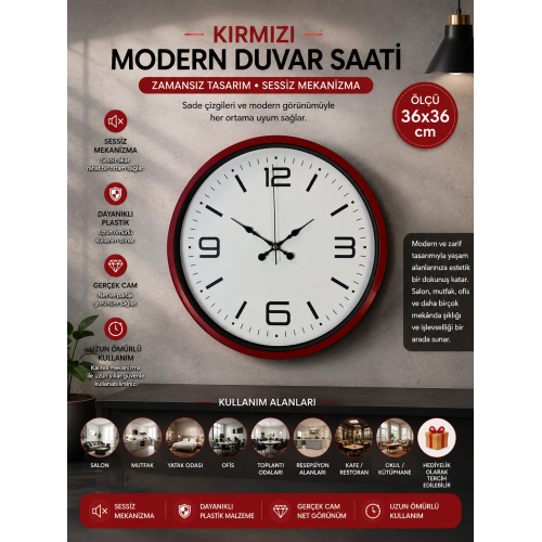 36 cm Kırmızı Modern Dekoratif Duvar Saati