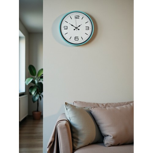 36 cm Turkuaz Dekoratif Duvar Saati – Rakamlı Beyaz Kadran (PP-3608T)