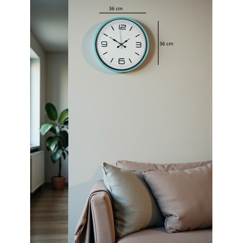 36 cm Turkuaz Dekoratif Duvar Saati – Rakamlı Beyaz Kadran (PP-3608T)