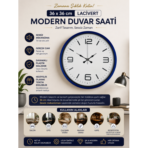 36 cm Lacivert Modern Dekoratif Duvar Saati